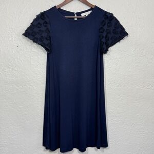 LOFT‎ Petites Shift Dress XSP Navy Textured Fringe Keyhole Jersey Travel Artsy